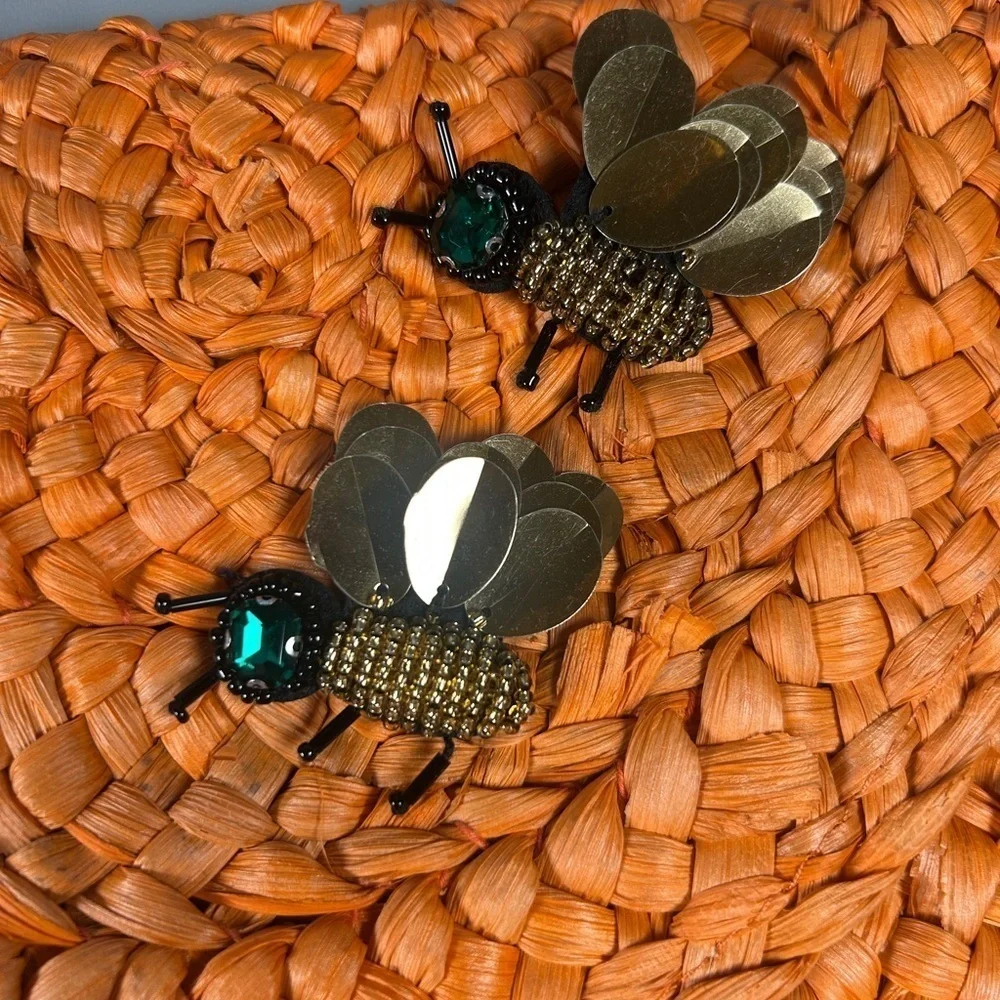 Boho Chic Orange Woven Straw Rattan Clutch Crystal Bee Brooch Handbag 7x11